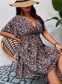 SHEIN Holidaya Kích thước lớn Cổ chữ V In hoa Đầm - Nhiều màu - Xem 4