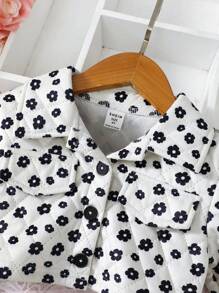 SHEIN Young Girl Ditsy Floral Print Quilted Jacket & Dress - Apricot - View 6