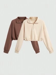 SHEIN Unity 2pcs Half Zip Elastic Hem Sweatshirt - Multicolor - View 1