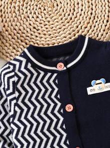 Baby Boys' Z-shaped Pattern Bear Patch Cardigan With Front Snap, Gray