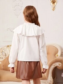 女童優雅荷葉邊圓領鈴鐺袖上衣pu皮裙針織兩件套裝 - 彩色 - 查看 2