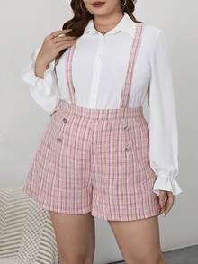 SHEIN Privé Hơn Tay áo loe Áo sơ mi & Kẻ sọc Tweed Quần yếm - Nhiều màu - Xem 6