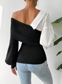 SHEIN Essnce Top De Cuello Asimétrico Con Bloques De Color Para Mujeres - Negro - Ver 2