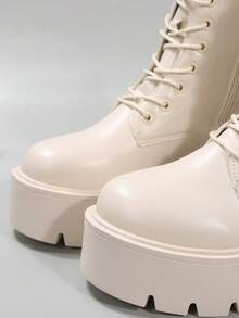 Của phụ nữ Đúng mốt Dày Chóp giầy tròn Giữa bắp chân Giày ống Với Dây kéo bên Và Mặt trước Ren In Mùa Thu /đông - Màu be - Xem 5