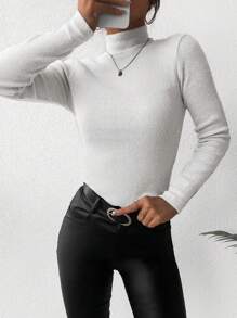 EURMUSE Women's Solid Color High Neck Sweater - White - View 3