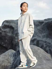 Boys' Loose Standing Collar Shirt & Pants Set, Autumn Collection - Light Grey - View 1