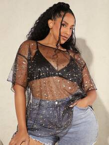 SHEIN CURVE+ Kích thước lớn Của phụ nữ Sáng bóng Lưới Áo - màu đen - Xem 4
