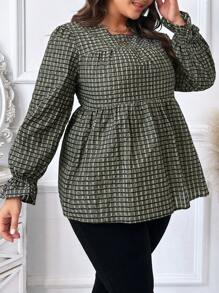 SHEIN LUNE 大碼網格線條紋圓領襯衫帶荷葉邊 - 墨綠色 - 查看 1