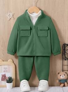SHEIN Bộ 2 món/Bộ Unisex Baby Túi trước Áo khoác cổ đứng trễ vai & Quần buộc mắt cá chân Bộ đồ lót nhiệt dày - Màu xanh lá cây đậm - Xem 4