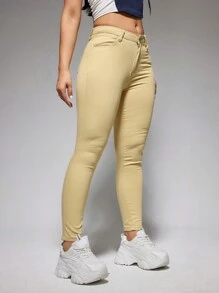 SHEIN EZwear High Waist Skinny Jeans - Khaki - View 3