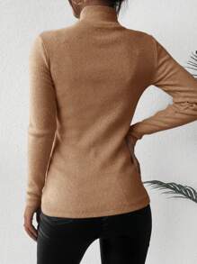 EURMUSE Women's Solid Color High Neck Sweater - Camel - View 2