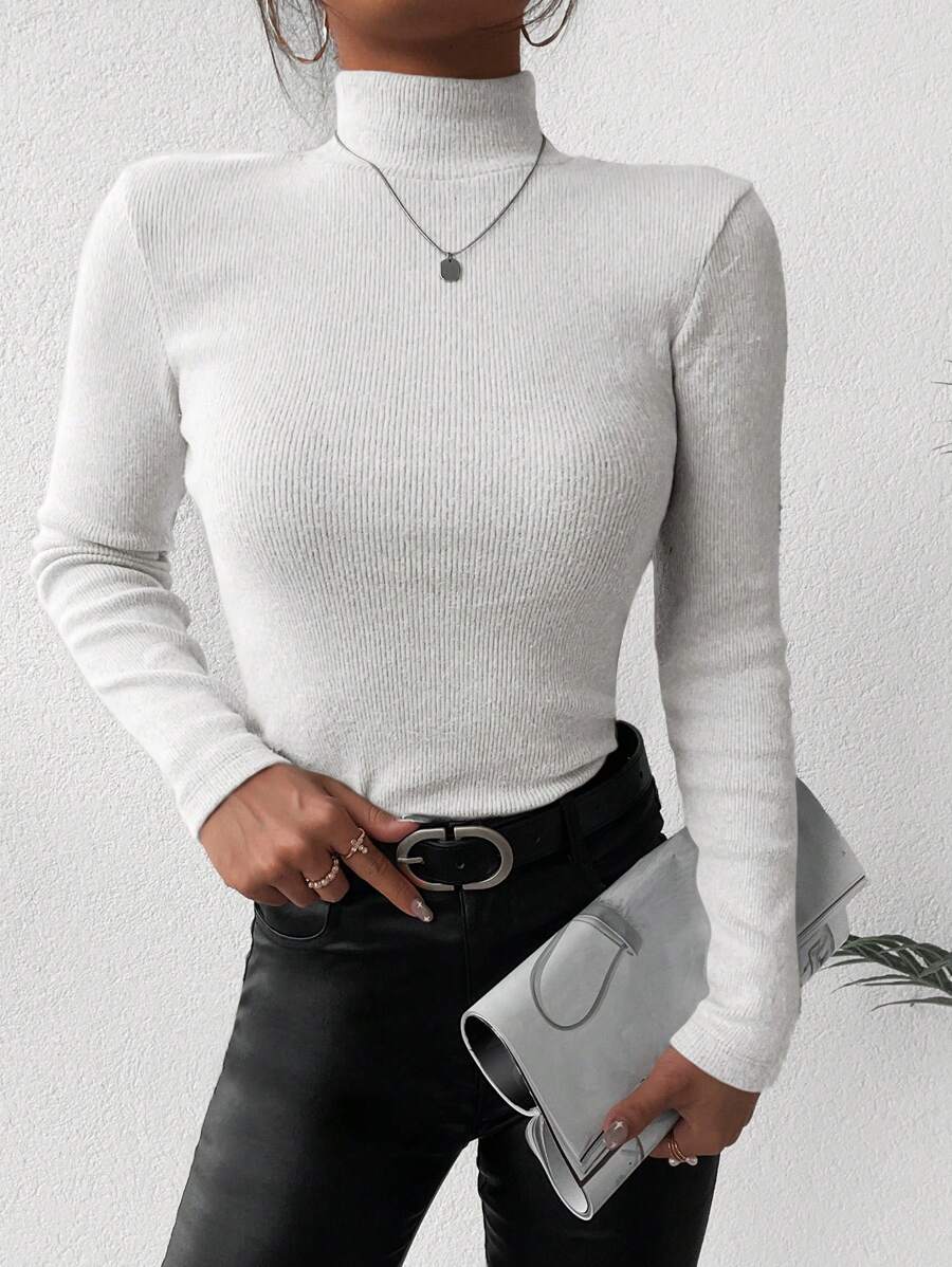 EURMUSE Women's Solid Color High Neck Sweater - White - View 1