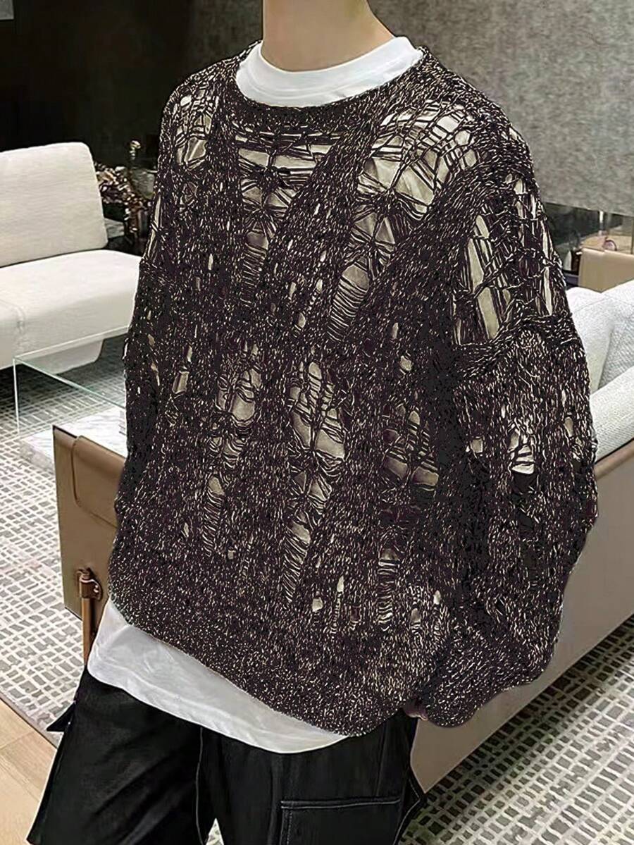 Manfinity EMRG 男士鏤空毛衣 - 咖啡棕 - 查看 1