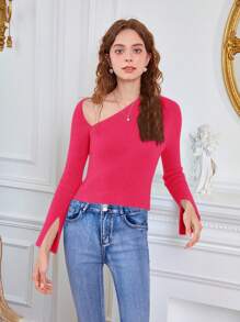 SHEIN MOD 女士不对称领口毛绒毛衣