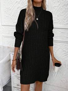 SHEIN LUNE Váy len dài tay gân đen dành cho nữ mùa thu/đông - màu đen - Xem 3