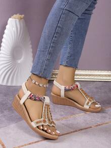 女式波西米亞風格開趾楔形跟厚底涼鞋 - 黑色 - 查看 5