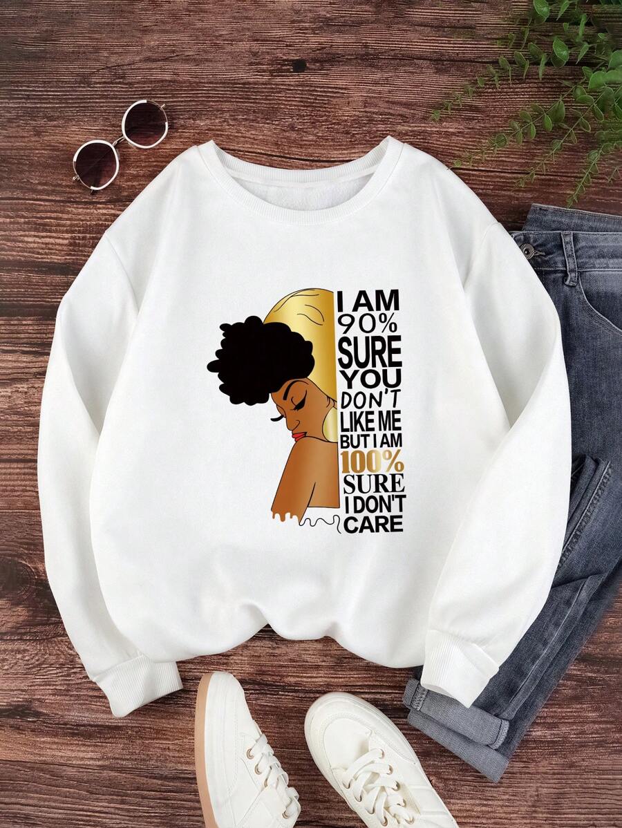 SHEIN EZwear 人物和口号印花保暖内衬运动衫 - 白色 - 查看 1