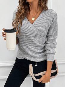 SHEIN LUNE V-neck Wrap Cross Knitted Sweater - Light Grey - View 7