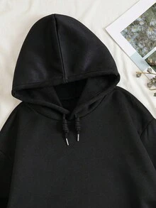 SHEIN EZwear 大尺碼單色束口連帽衛衣 - 黑色 - 查看 3