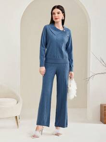 Modelyn Women's Asymmetric Neckline Sweater 2pcs/set - Dusty Blue - View 3