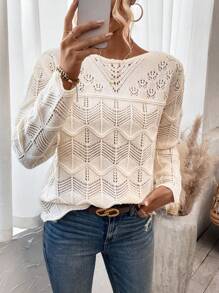 SHEIN Clasi Women'S Hollow Out Knitted Drop Shoulder Sweater - Beige - View 6