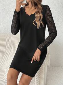 SHEIN Frenchy Vestido De Encaje Con Parches Y Ribete De Encaje Festoneado - Negro - Ver 6