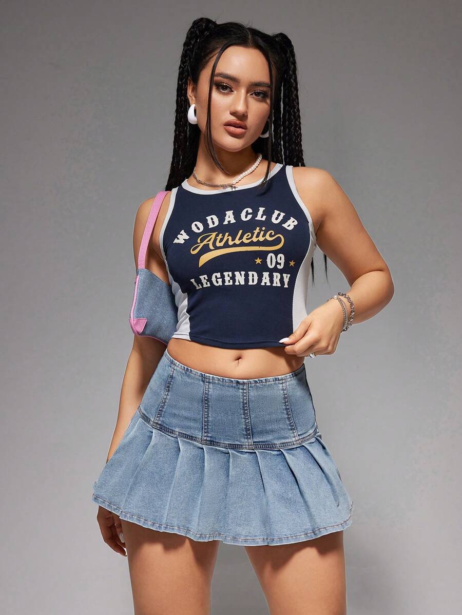 SHEIN EZwear Quý cô Váy Denim Với Xếp Và Denim mùa giặt Hiệu ứng - Rửa nhẹ - Xem 1