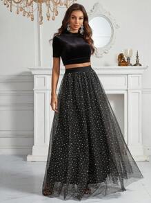 SHEIN Belle Velvet Crop Tee & Mesh Overlay Skirt - Black - View 6