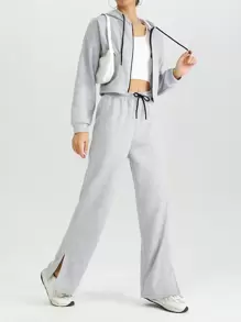 EURMUSE Ladies' Drawstring Waist Pleated Detail Hoodie And Pants Set - Grey - View 1