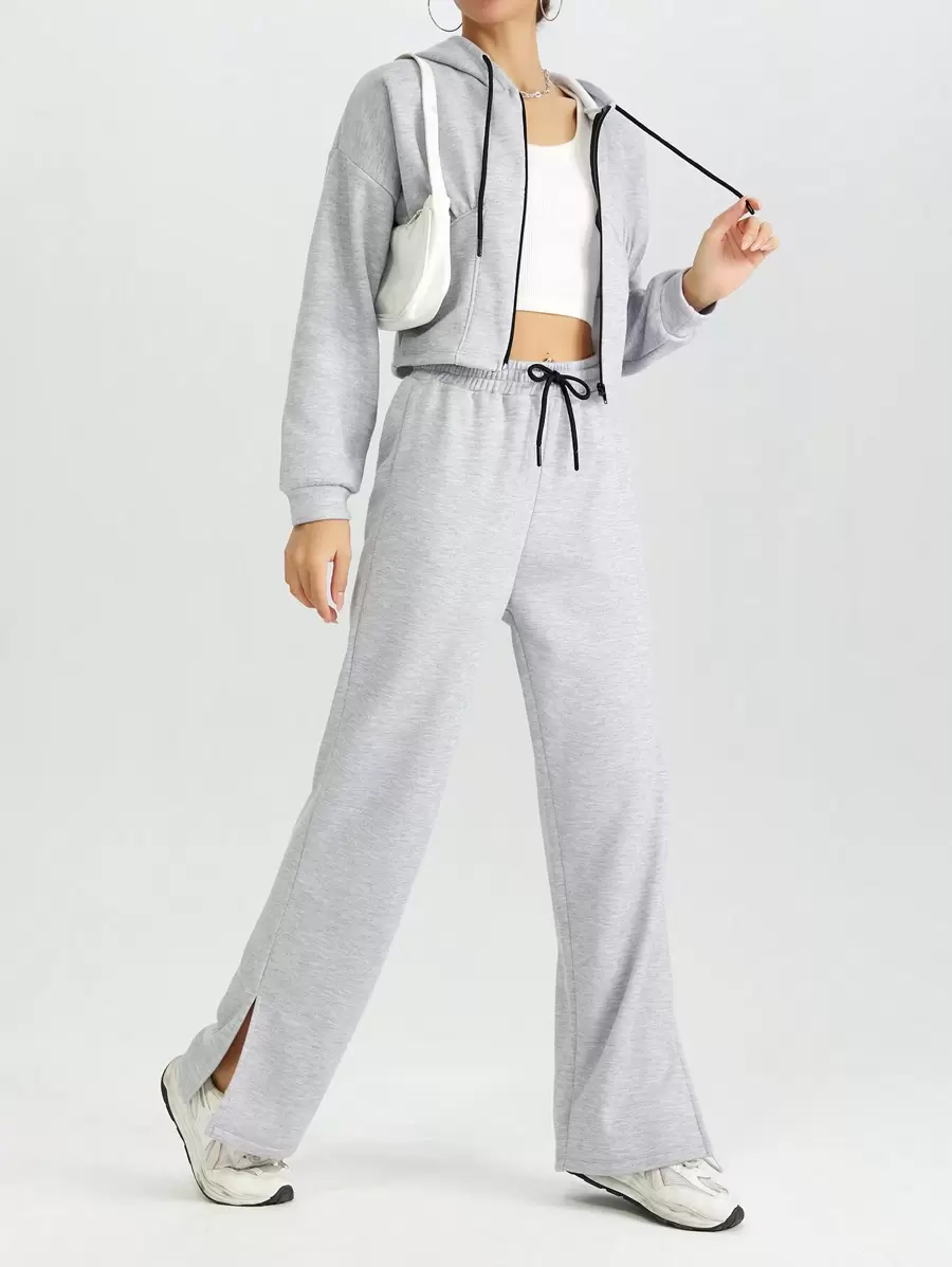 EURMUSE Ladies' Drawstring Waist Pleated Detail Hoodie And Pants Set - Grey - View 1