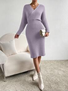 SHEIN Clasi 交叉領口蝙蝠袖毛衣連衣裙 - 紫色 - 查看 1