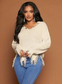 SHEIN SXY Women's Solid Color Drop Shoulder Distressed Long Sleeve Sweater,Long Sleeve Tops In Fall/Winter