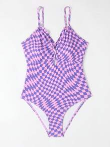 Ds25 Girls' One Piece Swimsuit With Hollow Out & Check Pattern - Pink - View 3