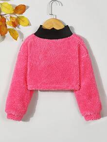 SHEIN Girls' High Neck Ribbed Detail Plush Cool Sweatshirt With Patch For Autumn And Winter - Hot Pink - View 2