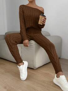 SHEIN Essnce Women'S Oblique Shoulder Cable Knit Sweater 2-Piece Set - Coffee Brown - View 3