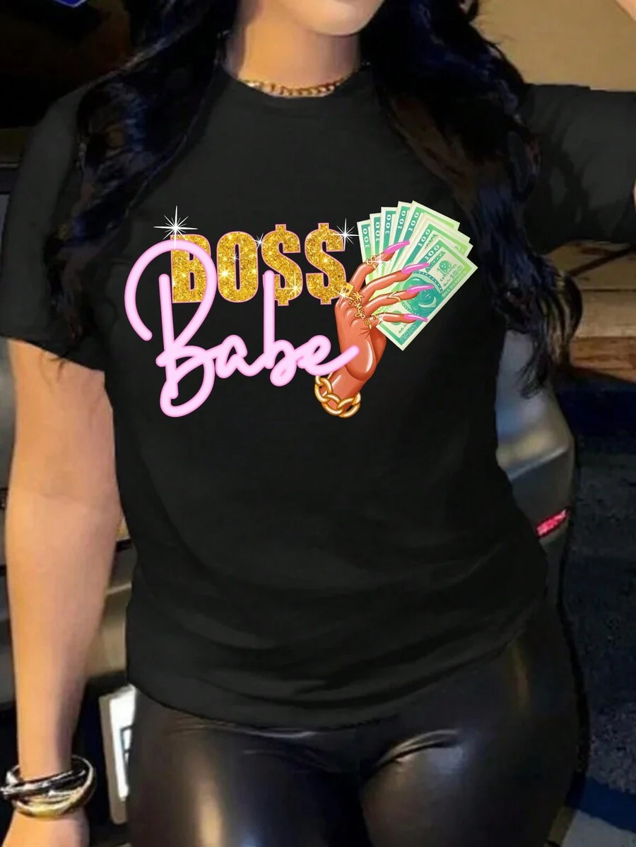 SHEIN Unity Kích thước lớn Ngắn tay Áo thun Với In - màu đen - Xem 1