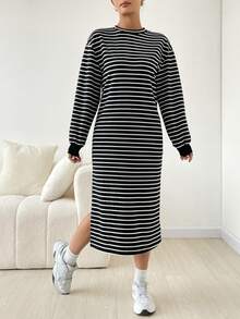 SHEIN EZwear 黑白針織女式長袖連衣裙 - 黑與白 - 查看 5