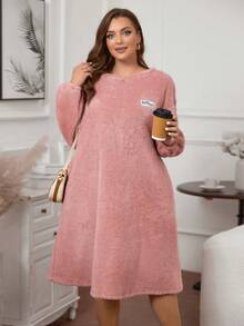 SHEIN LUNE Hơn Thư được vá Thả vai Teddy Đầm - Bụi hồng - Xem 4