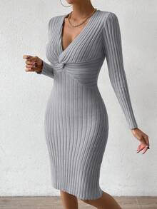 Chiquease 肋織針織連衣裙,帶有打結細節 - 灰色 - 查看 3