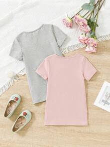 SHEIN Leap Crew 2pcs Baby Girls' Casual Pink & Gray Cute Pattern Short Sleeve Dress Set - Multicolor - View 2