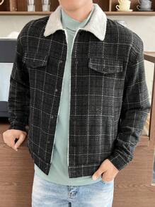 GENTILAND 宽松格子印花男式博格领毛绒衬里大衣