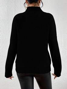 SHEIN Essnce Stand Collar Solid Color Asymmetrical Hem Sweater - Black - View 2