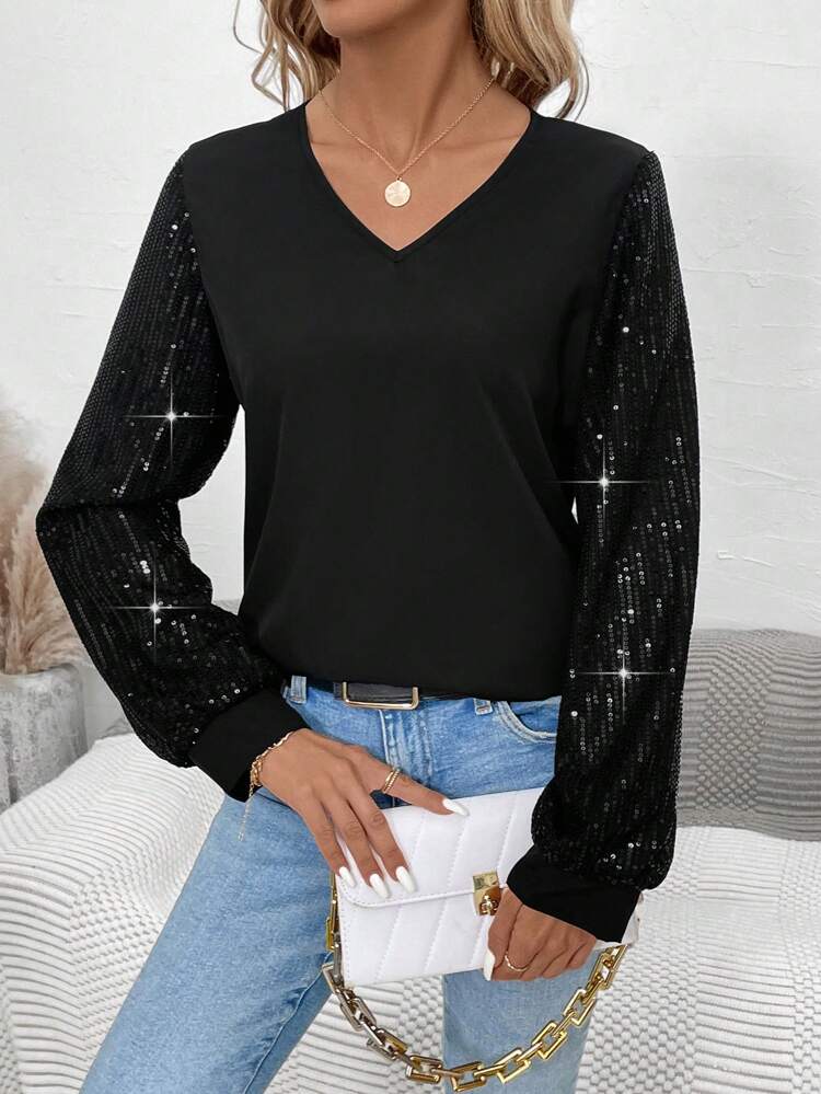 Women's Glitter Trim Long Sleeve V-Neck Shirt Fall Cloth For Women