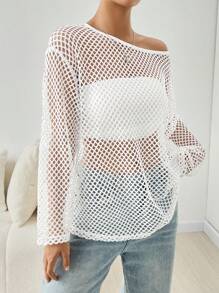 SHEIN EZwear 露肩中空設計上衣 - 白色 - 查看 1