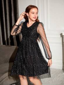 Thiếu niên Cô gái Kim sa Lưới Nối Đầm Party - màu đen - Xem 5