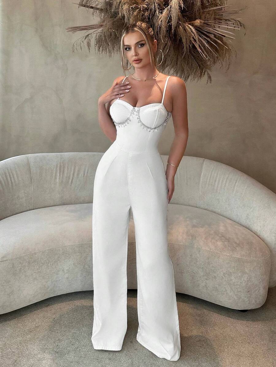 SHEIN SXY 鑽石細節胸衣牛仔襯衫連身褲