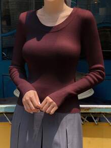DAZY Solid Color Slim Fit Sweater, Business Casual Style,Long Sleeve Tops,Fall Clothes - Burgundy - View 5