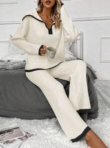 SHEIN Frenchy Contrast Trim Drop Shoulder Sweater & Knit Pants - Multicolor - View 1