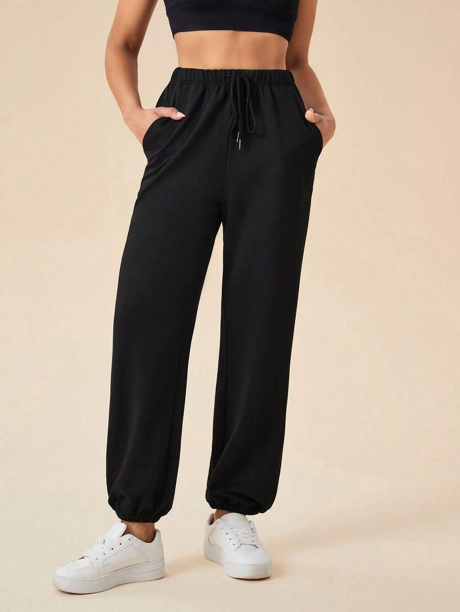 Daily&Casual 女士抽繩腰運動褲 - 黑色 - 查看 1