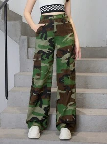 SHEIN 少女休閒時尚復古迷彩牛仔褲長褲